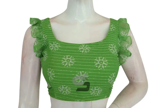 Emerald Enchantment, Green Georgette Sequin Designer Frill Sleeves Blouse - D3blouses