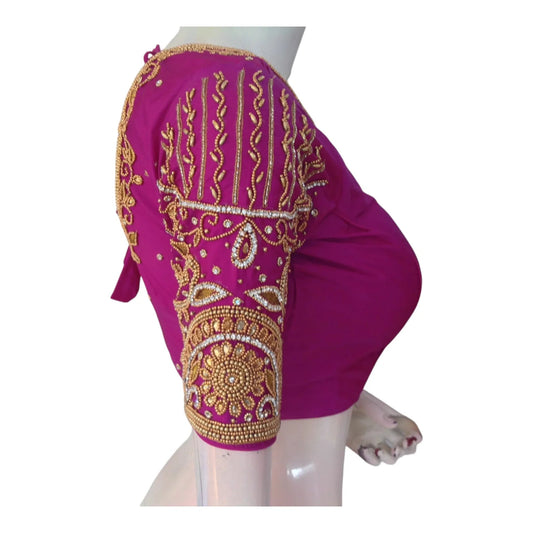 Exquisite Purple Color Aari Handwork Wedding Silk Saree Blouse - D3blouses