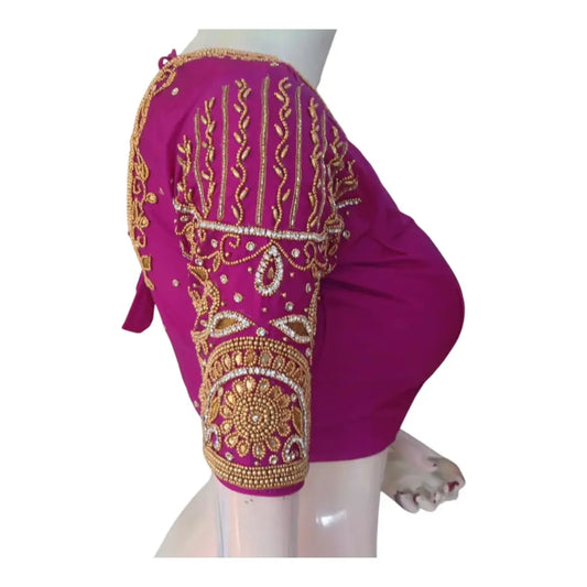 Exquisite Purple Color Aari Handwork Wedding Silk Saree Blouse - D3blouses