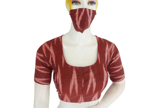 Fashionable Maroon Ikkat Readymade Saree Blouse with Matching Mask and Designer Tassels - D3blouses