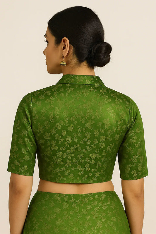 Floral Brocade Silk Saree Blouse with Mandarin Collar Neck| Readymade Designer Blouse (Multiple Colors Available) - D3blouses
