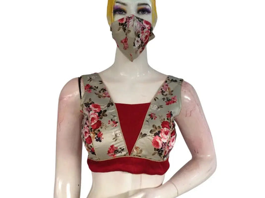 Floral Satin V-neck Designer Readymade saree blouse, Indian Designer Choli blouse - D3blouses