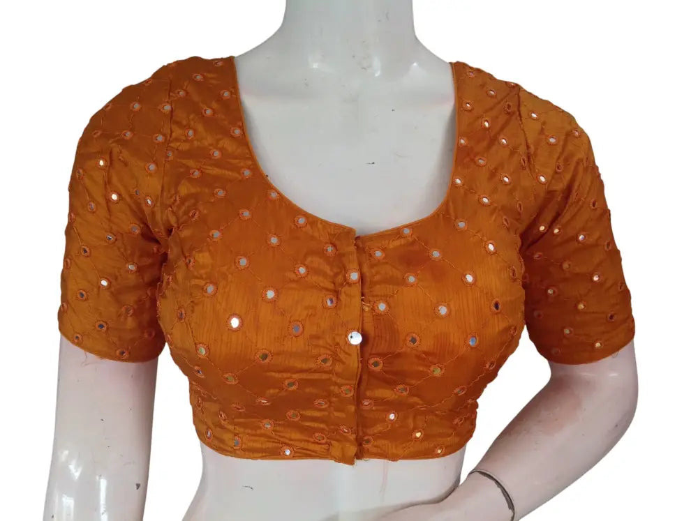 Foil Mirror Work Readymade Saree Blouse – Semi Silk Designer Choli (Padded Elbow Sleeves) Readymade Blouse - Mustard