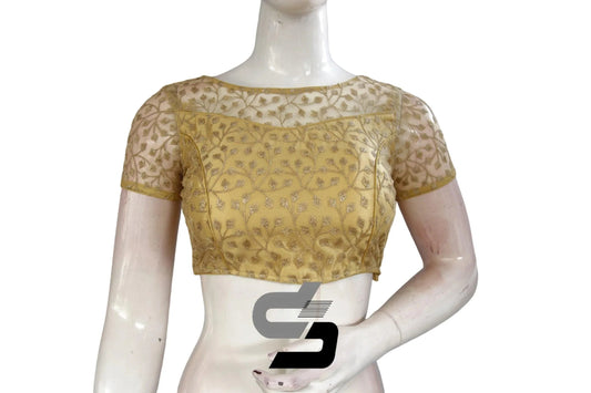Gold Color Boat Neck Designer Embroidery Netted Readymade Saree Blouse - D3blouses