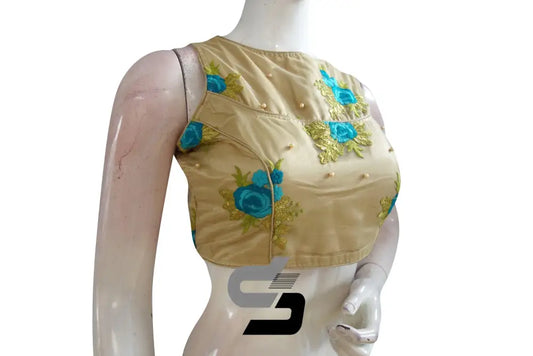 Gold Color Designer Netted Embroidery Readymade Blouse - D3blouses