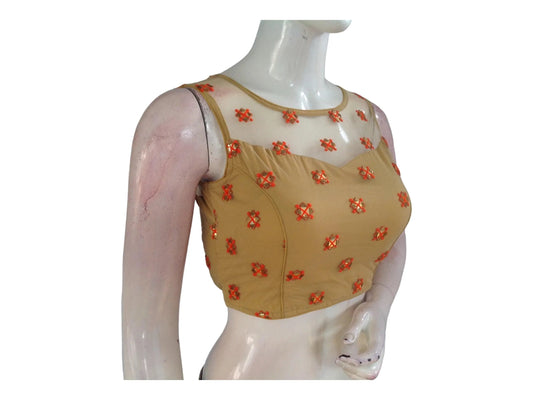 Gold Color Designer Netted Party Wear Readymade Saree Blouses. - D3blouses