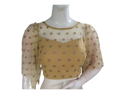 Gold Color Designer Netted Party Wear Readymade Saree Blouses. - D3blouses