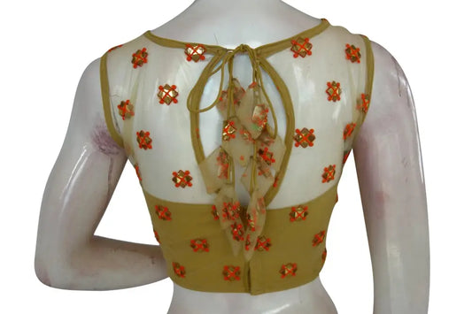 Gold Color Floral Organza Netted Designer Blouse With Tassels - D3blouses