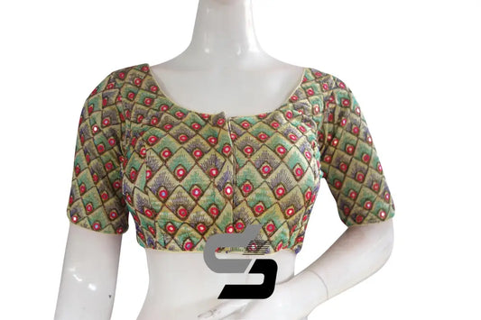 Gold Color Peacock Embroidery Foil Mirror Readymade Saree Blouse With Matching Mask - D3blouses