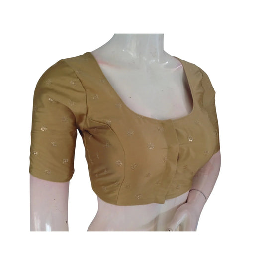 Golden Radiance: Luxurious Semi-Silk Blouse with Intricate Embroidery - D3blouses