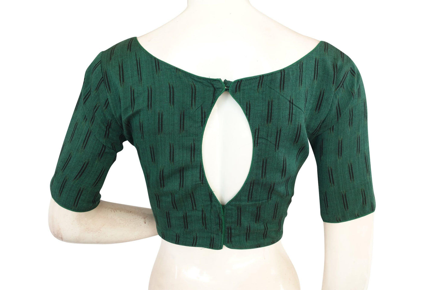 Green Boat Neck Ikkat Cotton Readymade Saree Blouses, Elevate Your Saree Game - D3blouses