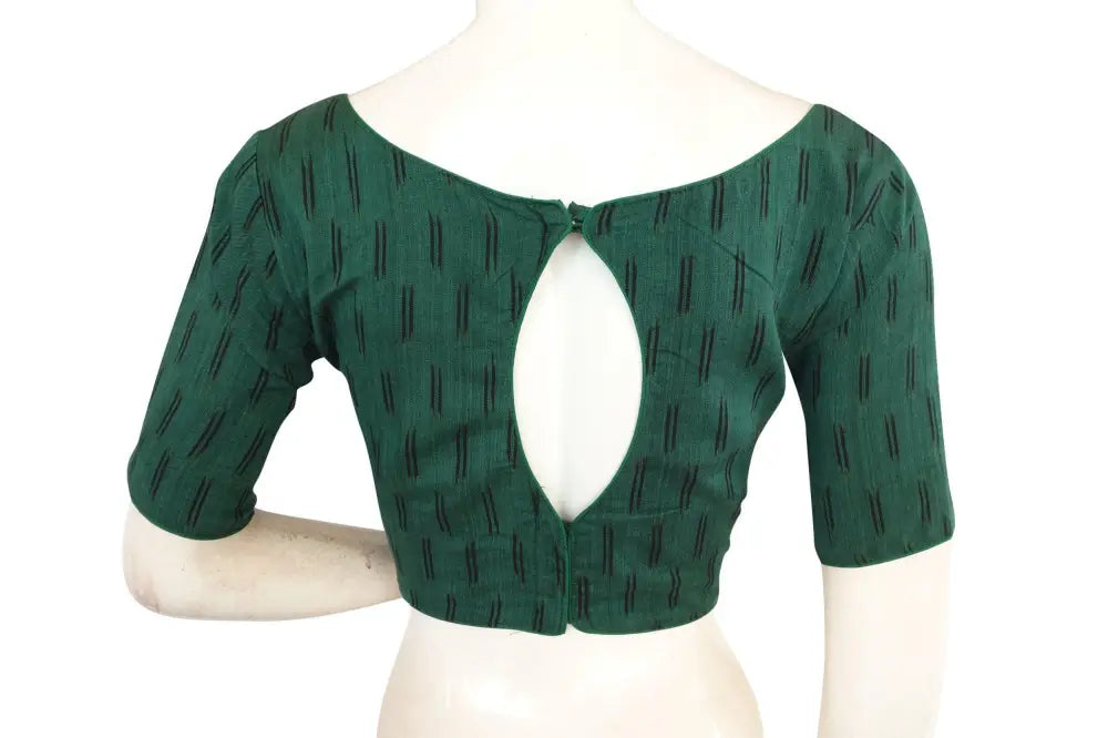 Green Boat Neck Ikkat Cotton Readymade Saree Blouses, Elevate Your Saree Game - D3blouses