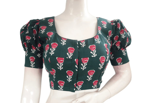 Green Color Cotton Designer Blouse With Puff Sleeves - D3blouses