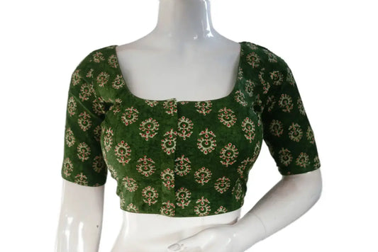 Green Color Cotton Printed Readymade Saree Blouse - D3blouses