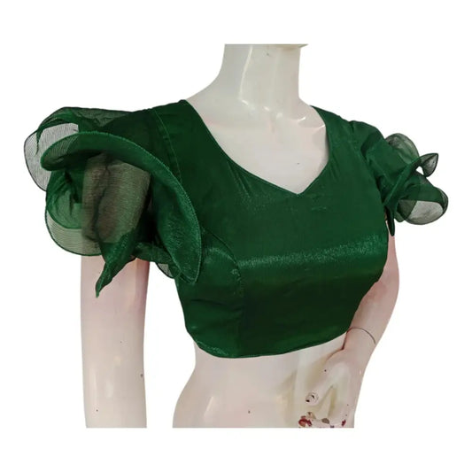 Green Color Organza Ruffle Sleeve Saree Blouse | Unique Designer Choli - D3blouses