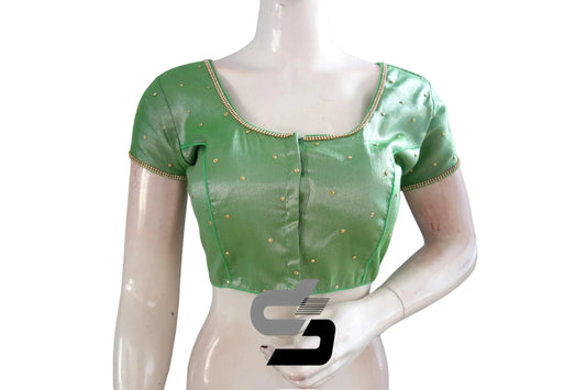 Green Color Plain Moti Tissue Readymade Blouses, Chic & Elegant - D3blouses