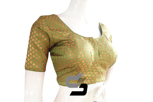 Green Color Premium Brocade Silk Readymade Saree Blouse - D3blouses