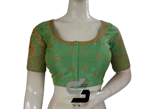 Green Color Semi Silk Designer Embroidery Readymade Saree Blouse - D3blouses