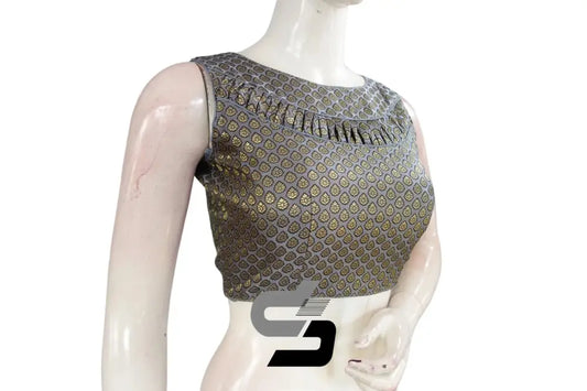 Grey Color Boat Neck Brocade silk Readymade saree blouse, Indian Readymade blouse, Crop top, - D3blouses