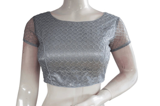 Grey Color Boat Neck Designer Embroidery Netted Readymade Saree Blouse - D3blouses