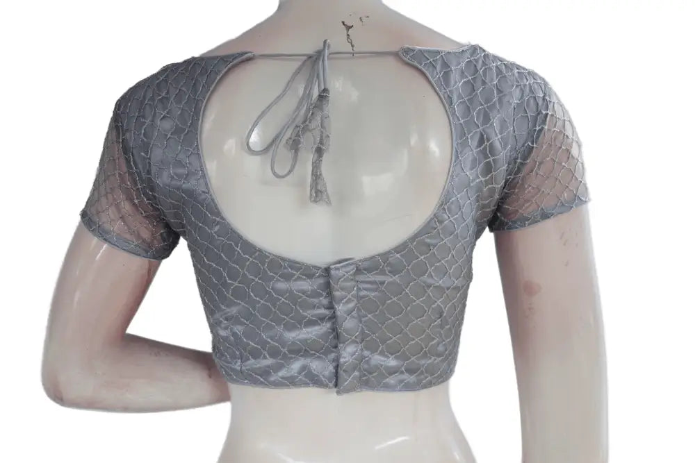 Grey Color Boat Neck Designer Embroidery Netted Readymade Saree Blouse - D3blouses