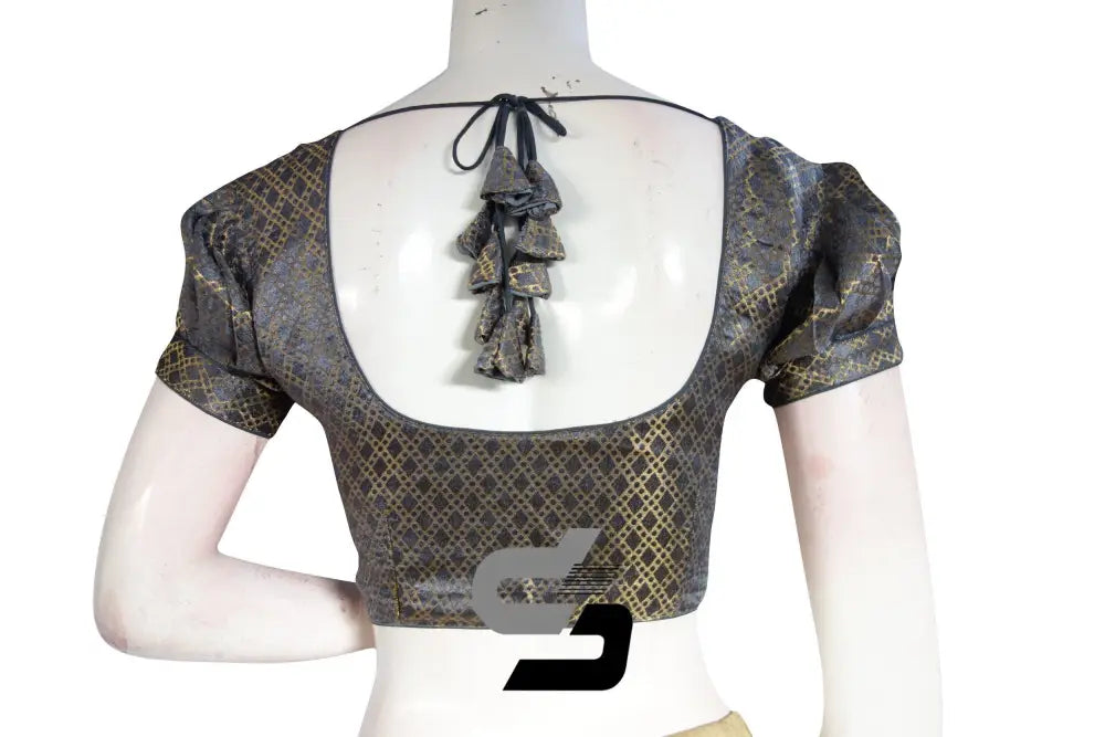 Grey Color Brocade Silk Puff Sleeves Readymade Saree Blouse - D3blouses