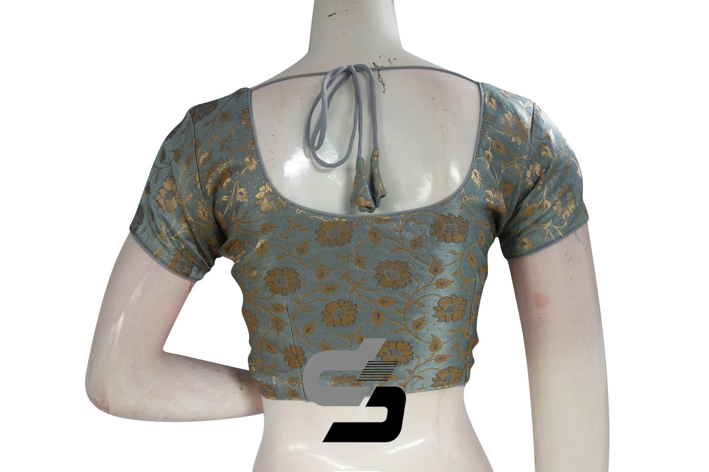 Grey Color Premium Banaras Brocade Silk Readymade Saree Blouse - D3blouses