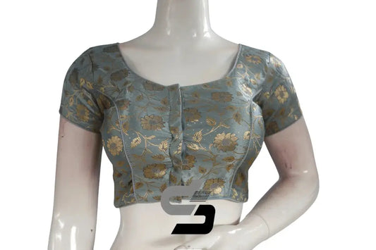 Grey Color Premium Banaras Brocade Silk Readymade Saree Blouse - D3blouses