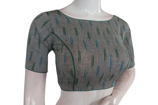 Grey Ikkat Boat Neck Saree Blouses: Designer Indian Readymade Collection - D3blouses