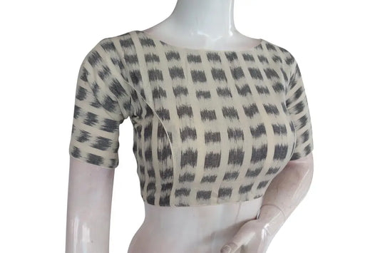 Half White Ikkat Boat Neck Designer Readymade Saree Blouses, Elevate Your Casual Look - D3blouses