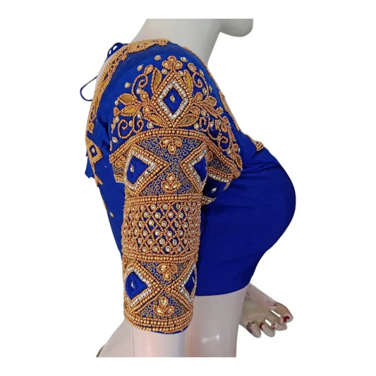 Handcrafted Royal Blue Wedding Silk Saree Ready made Blouse - Luxurious & Elegant - D3blouses
