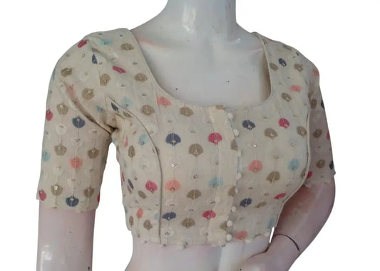 Handwoven Khadi Cotton Readymade Blouse: Sequined Floral Embroidery - D3blouses