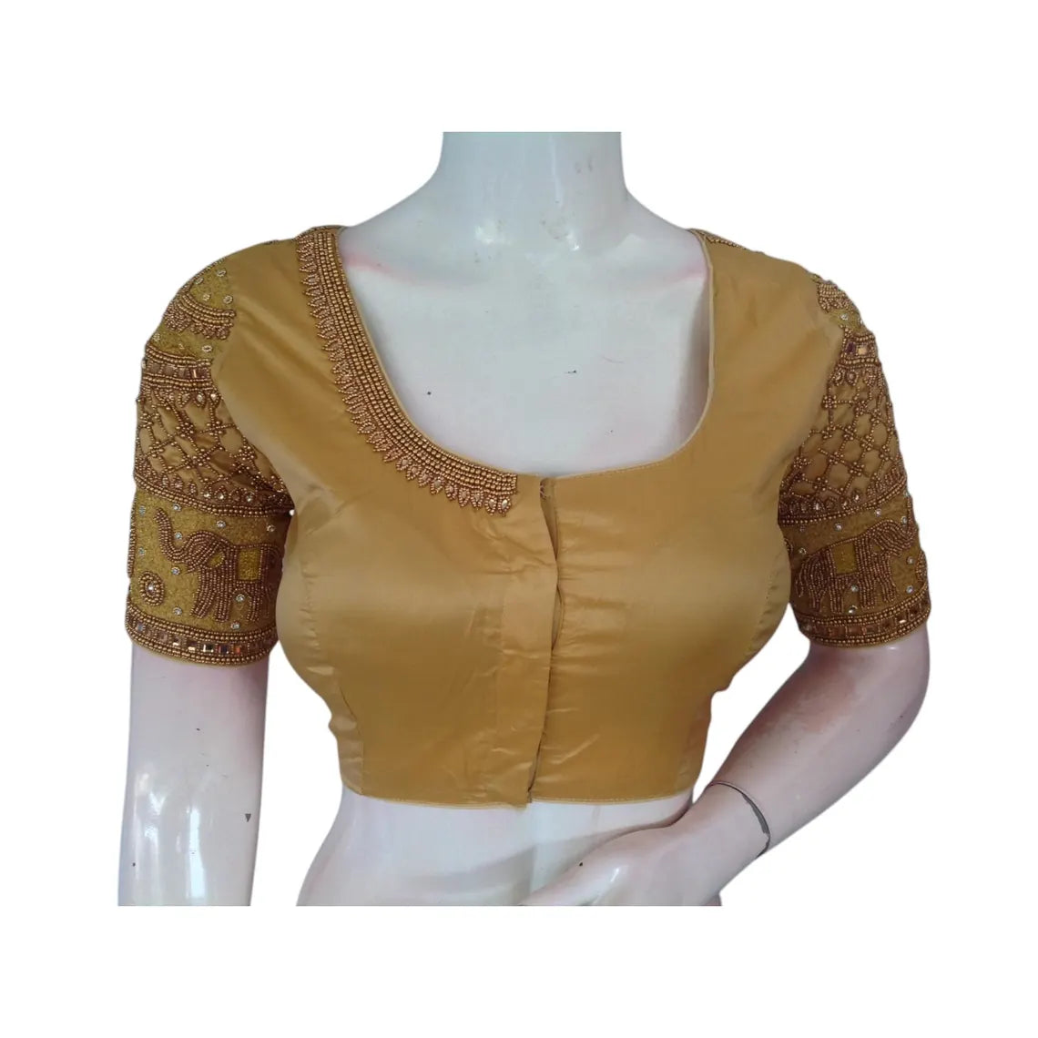 Radiant Gold Color Aari Handwork Wedding Silk Saree Readymade Blouse