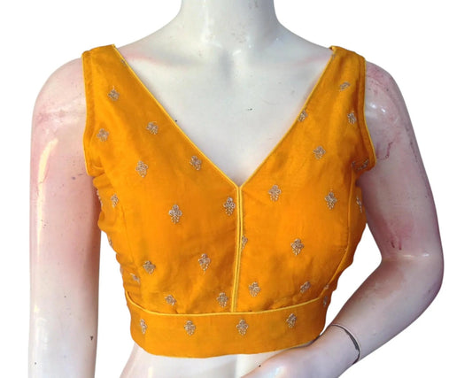 Mustard Yellow Organza Sequin Embroidered Sleeveless Readymade Blouse