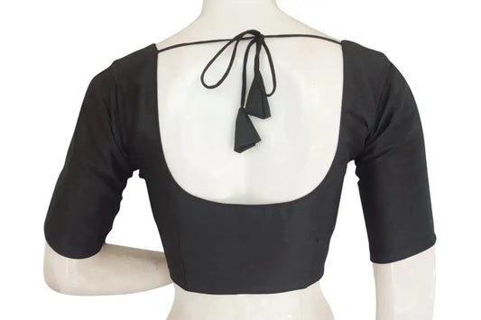 Jet Black Sophistication, Plain Semi Silk Indian Readymade Saree Blouse - D3blouses