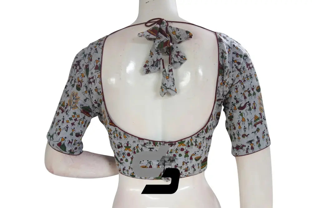 Jute Cotton Hand Blocked Indian Readymade Designer Blouse - D3blouses