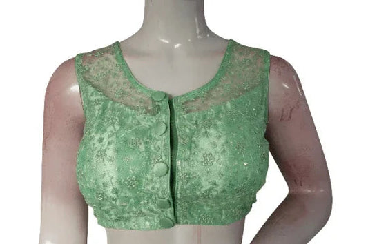 Little pastal Green Color Netted Embroidery Designer Readymade Blouse - D3blouses