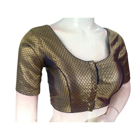 Luxurious Navy Blue Silk Brocade Blouse - Elegance Redefined - D3blouses