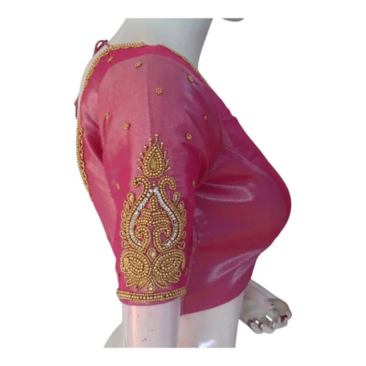 Luxurious Pink Tissue Silk Blouse with Delicate Aari Embroidery - D3 Blouses - D3blouses