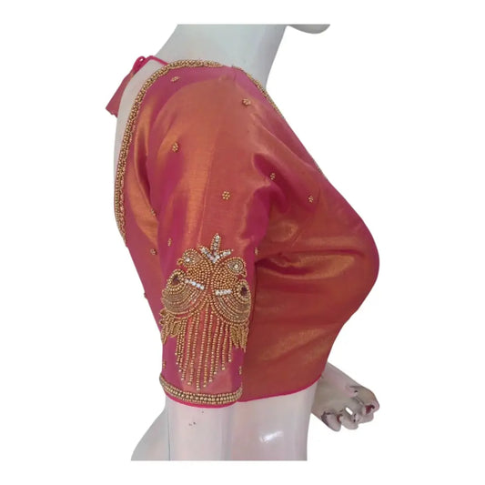 Luxurious Raspberry Tissue Silk Blouse with Exquisite Aari Embroidery - D3 Blouses - D3blouses