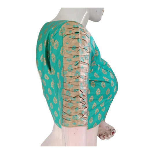 Luxury Teal Color Brocade Silk Ready made Blouse | Gold Butta | Unique Sleeves - D3blouses