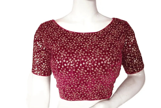 Magenta Color Designer Velvet Sequin Readymade Saree Blouse - D3blouses
