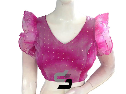 Magenta Marvel, Tie Dye Designer V Neck Georgette Saree Blouse with Ruffle Sleeves - D3blouses