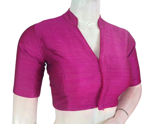 Magenta Semi Raw Silk Saree Blouse – Collar Neck, Stitched & Ready to Wear with Cotton Lining - D3blouses