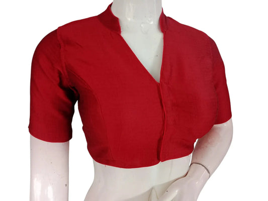 Maroon Semi Raw Silk Saree Blouse – Collar Neck, Stitched & Ready to Wear with Cotton Lining & Padding - D3blouses