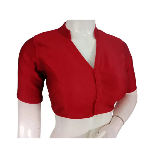 Maroon Semi Raw Silk Saree Blouse – Collar Neck, Stitched & Ready to Wear with Cotton Lining & Padding - D3blouses