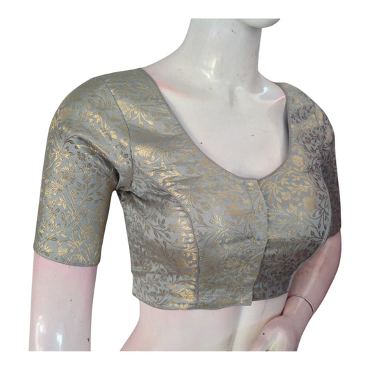 Modern Grey Color Brocade Saree Blouse - Ready to Wear - D3blouses