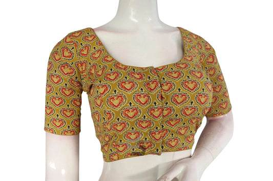 Mustard color Ajrakh Cotton Readymade Saree Blouse, Comfortable Cotton Fit for sale - D3blouses