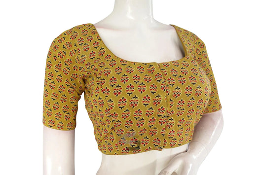 Mustard color Ajrakh Cotton Readymade Saree Blouse, Indian Cotton Choli Top - D3blouses