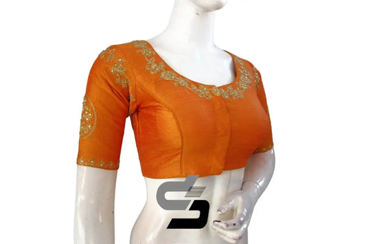 Mustard Orange High Neck Designer Embroidered Saree Blouses: Embrace Vibrant Elegance" - D3blouses